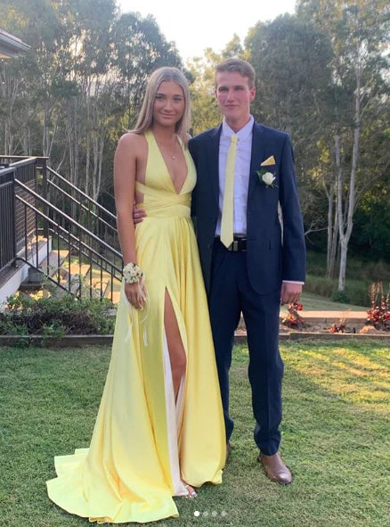 Luolandi Yellow Deep V Neck A-Line Backless Formal Party Dress with Slit Formal Dress Sexy Evening Dress